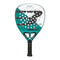 The Bullpadel Hack 04 2025 padel racket, featuring a striking combination of white and green, includes a perforated face and textured grip. Its design exudes dynamic power with sleek lines, highlighted by the text "Hack" and "Bullpadel" in bold colors.