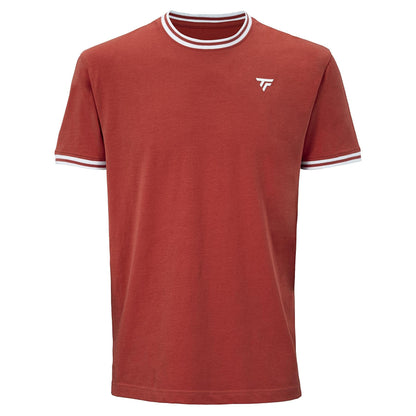 The Tecnifibre Team Stretch Men's Padel T-Shirt in terracotta features short sleeves, white and gray striped trim on the collar and sleeves, and a small white logo on the left chest.