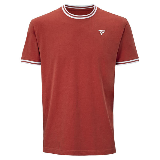 The Tecnifibre Team Stretch Men's Padel T-Shirt in terracotta features short sleeves, white and gray striped trim on the collar and sleeves, and a small white logo on the left chest.