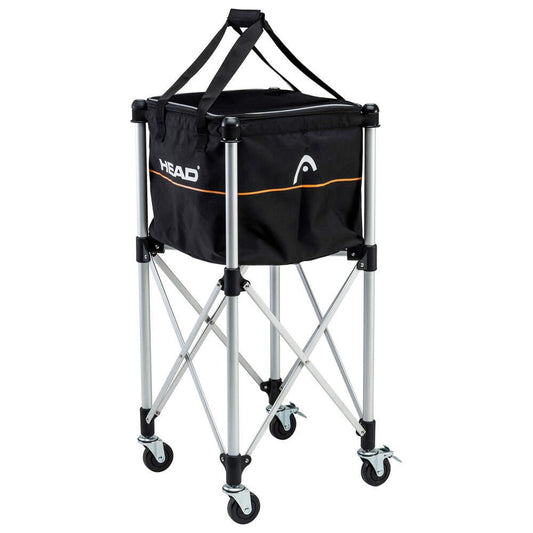 Discover the HEAD Padel Ball Trolley, featuring a sleek silver metal frame with four wheels for easy maneuverability. This compact black folding tennis ball hopper includes a removable bag and handle for convenient transport and proudly carries the "HEAD" brand name.