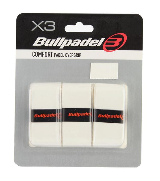 Bullpadel's Comfort Padel Overgrips in white come in a 3-pack, engineered for optimal grip and showcased in a clear plastic container featuring black branding and red accents.