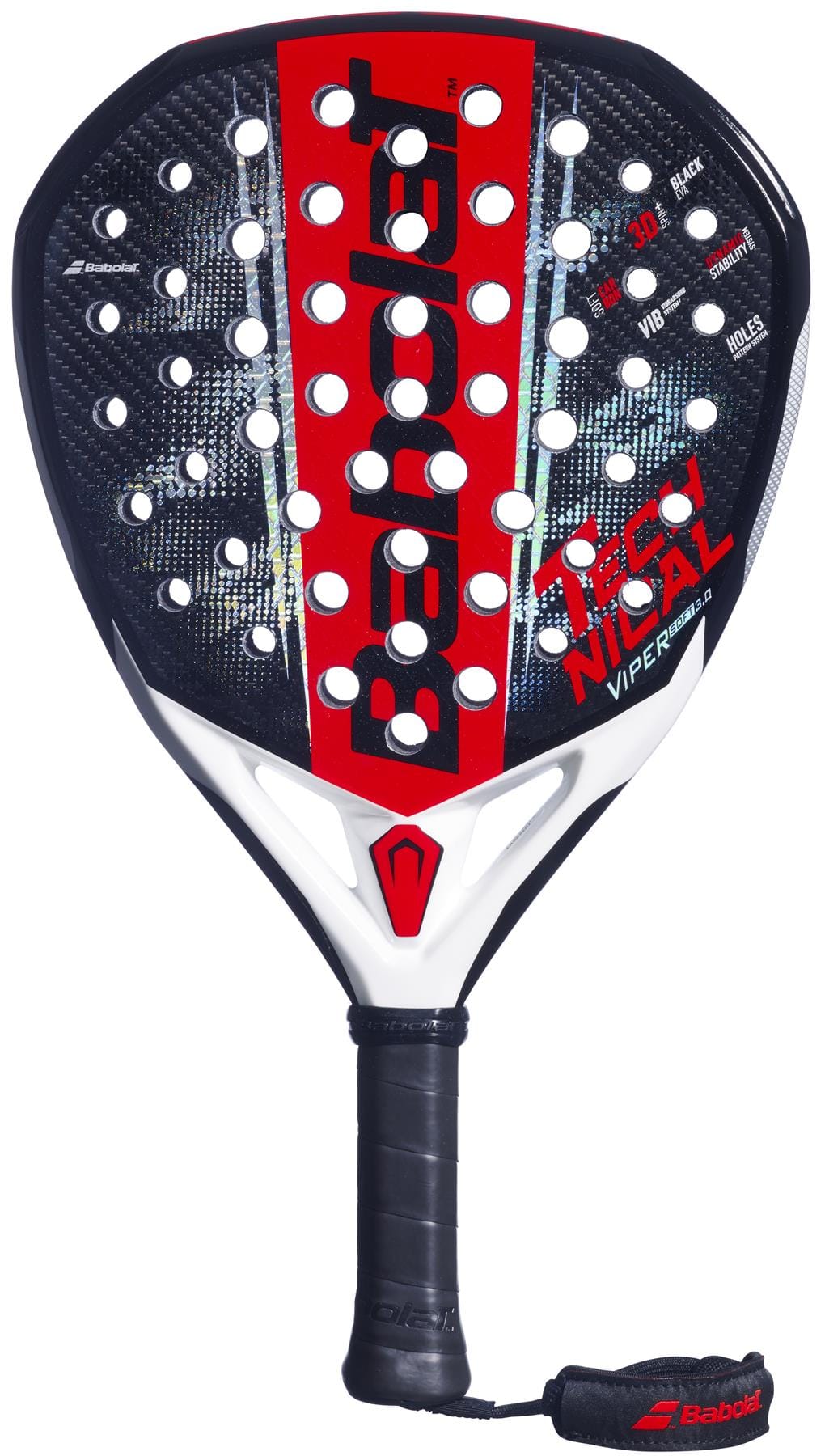 The Babolat Technical Viper Soft 3.0 Padel Racket features a black handle with wrist strap, a carbon twill perforated surface, and a black, red, and white design with brand and model names displayed on the head.