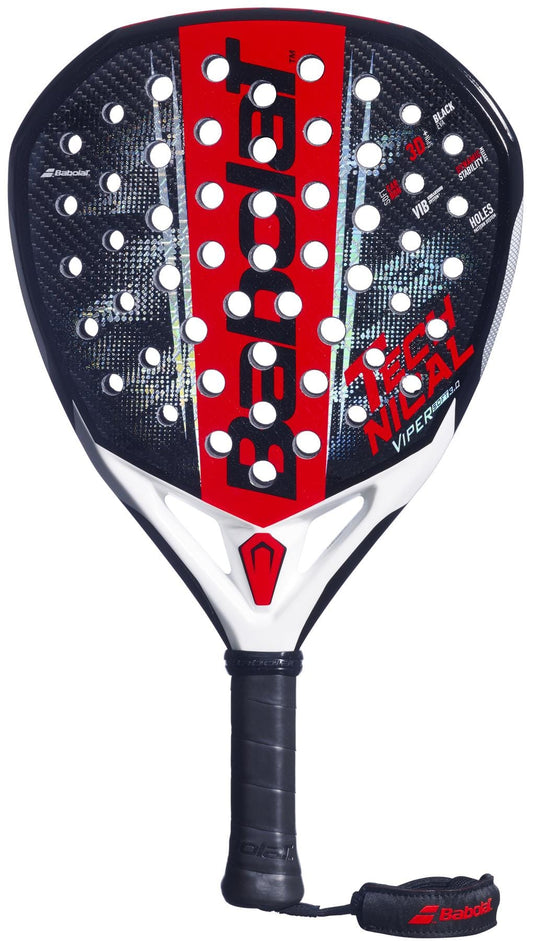 The Babolat Technical Viper Soft 3.0 Padel Racket features a black handle with wrist strap, a carbon twill perforated surface, and a black, red, and white design with brand and model names displayed on the head.