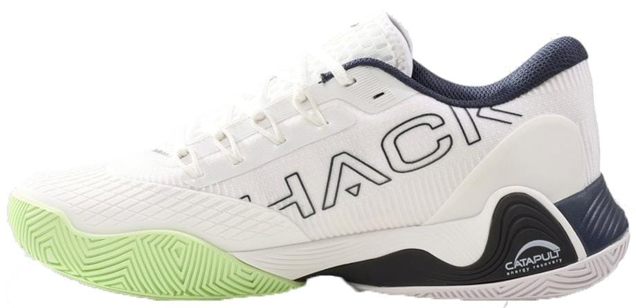 The Bullpadel Hack Vibram 26V Men's Padel Shoes in white feature a light green textured Vibram outsole, black accents, bold "HACK" branding on the side, and "CATAPULT" on the heel with a distinctive black and gray design.