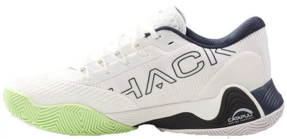 The Bullpadel Hack Vibram 26V Men's Padel Shoes in white feature a light green textured Vibram outsole, black accents, bold "HACK" branding on the side, and "CATAPULT" on the heel with a distinctive black and gray design.