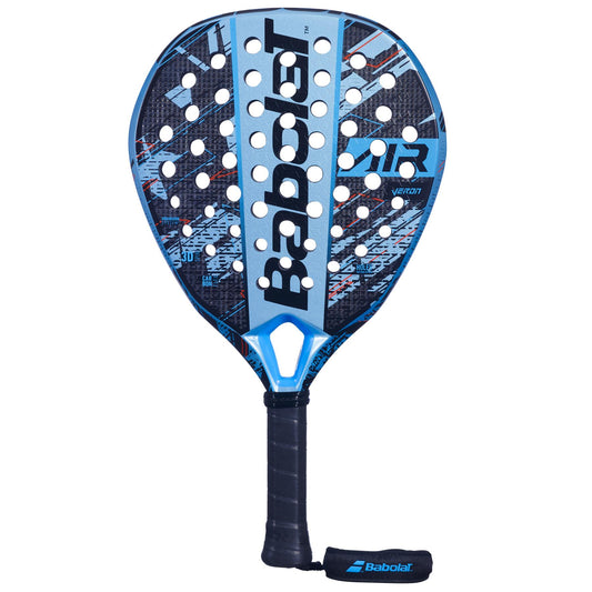 The Babolat Air Veron Padel Racket - Blue / Black is crafted for dynamic power with a striking blue and black design and the Babolat brand clearly visible. Its perforated surface boosts spin, while the cushioned black handle equipped with a wrist strap provides comfort during play.