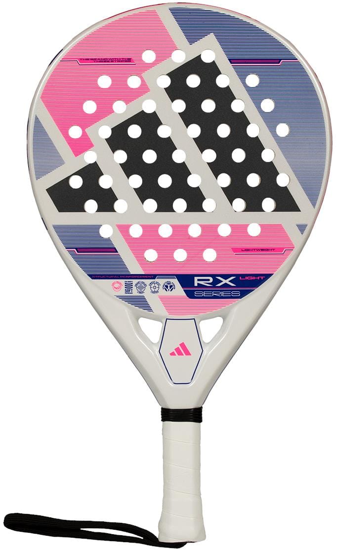 The adidas RX Series Light 2026 Padel Racket - White features a white frame, pink, purple, and black geometric face with white holes. It’s lightweight and includes a handle wrapped in white grip tape and a black wrist strap.
