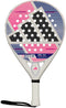 The adidas RX Series Light 2026 Padel Racket - White features a white frame, pink, purple, and black geometric face with white holes. It’s lightweight and includes a handle wrapped in white grip tape and a black wrist strap.