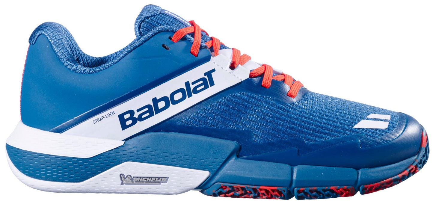 The Babolat Movea 2 Mens Padel Shoes in Seaport/Cherry Tomato combine performance and style, featuring a durable Michelin sole and the Babolat logo—ideal for men's padel.