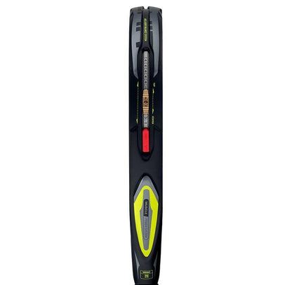 Close-up of the adidas Arrow Hit 2026 Padel Racket's side, highlighting its black and yellow design, detailed strings, grommets, padel power branding, and intelligent balance system on the frame.