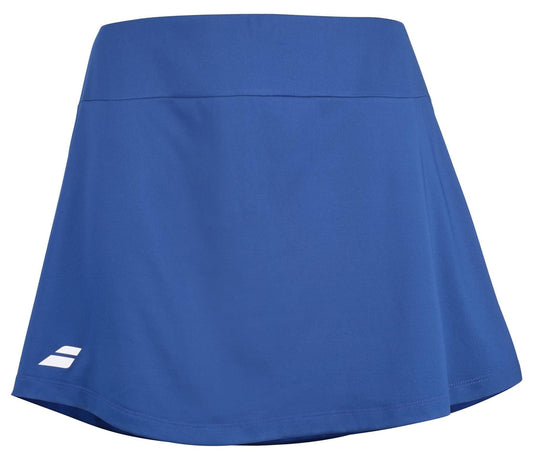 The Babolat Play Women's Padel Skirt in Sodalite Blue features a wide waistband and a small white logo on the lower left, offering comfort and dynamic movement for racket sports.