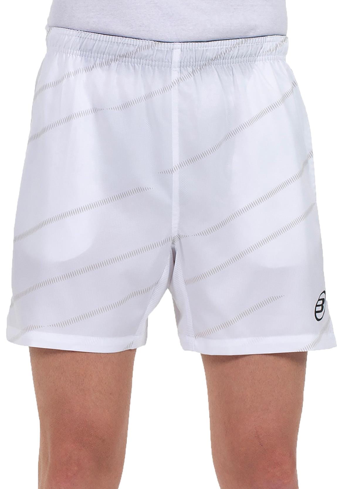 A person wearing Bullpadel Cabanas Mens Padel Shorts - White, featuring light diagonal stripes, an elastic waistband, and Quickerdry technology for comfort. Shown from waist to mid-thigh. Brand: Bullpadel.