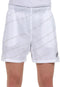 A person wearing Bullpadel Cabanas Mens Padel Shorts - White, featuring light diagonal stripes, an elastic waistband, and Quickerdry technology for comfort. Shown from waist to mid-thigh. Brand: Bullpadel.