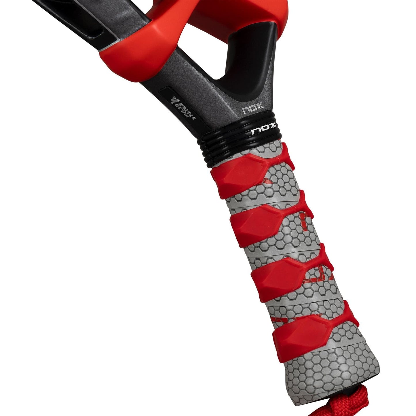 Close-up of the NOX ML10 Ventus Control 3K By Miguel Lamperti 2026 Padel Racket handle, showing a hexagonal-patterned grey grip with red accents, a wrist strap at the bottom, and part of the black frame by NOX.