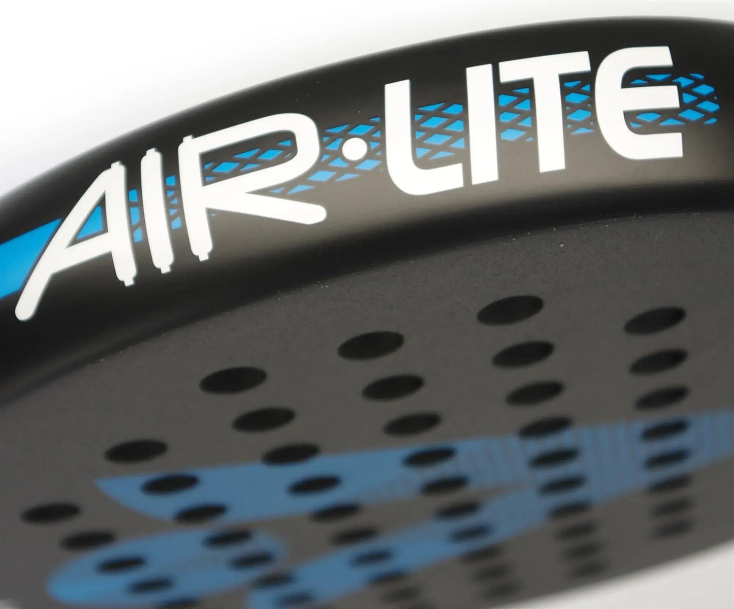 Close-up of the Karakal Air Lite 345 Blue Padel Racket by Karakal, a lightweight model with blue accents, "AIR LITE" text in white and blue on the edge, and a pattern of round holes on its surface.