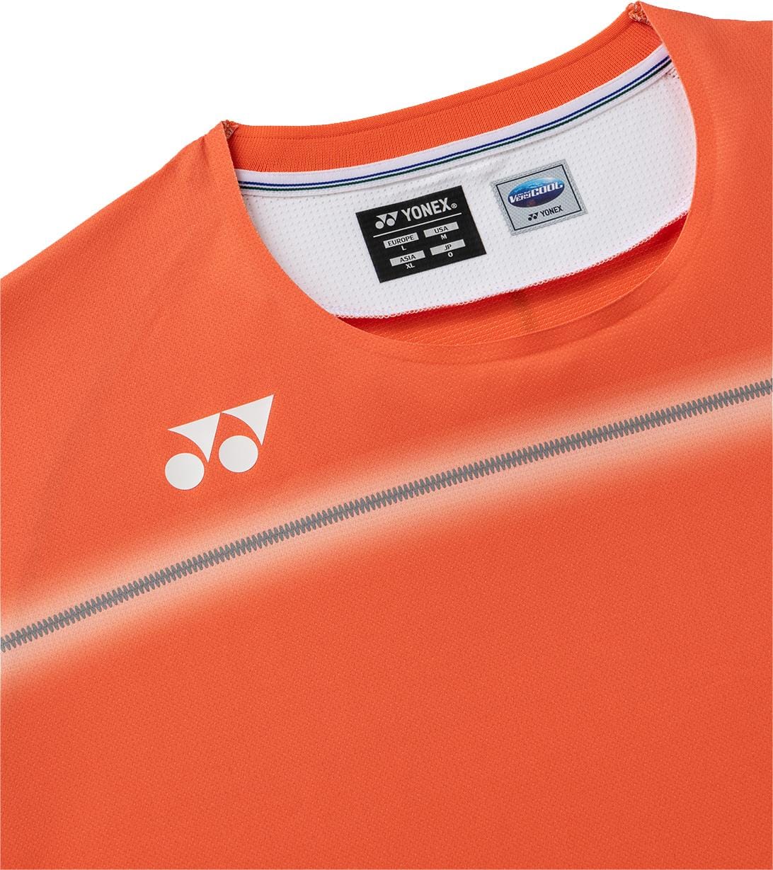 Close-up of the Yonex 10711YX Crew Neck Mens Padel T-Shirt in Cyber Orange, featuring a crew neck, white Yonex logo on the left chest, horizontal white stripe across the front, visible neckline tags, and moisture-wicking fabric.