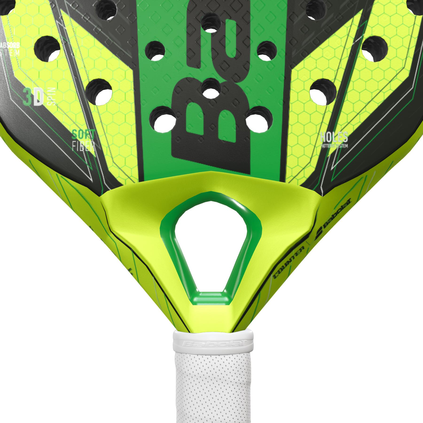 A close-up of a yellow and black sports racket featuring hexagonal patterns and perforations. Sporting the Babolat Counter Vertuo, the white handle provides enhanced vibration absorption. The head is decorated with multiple logos and text details, delivering easy power for every swing.