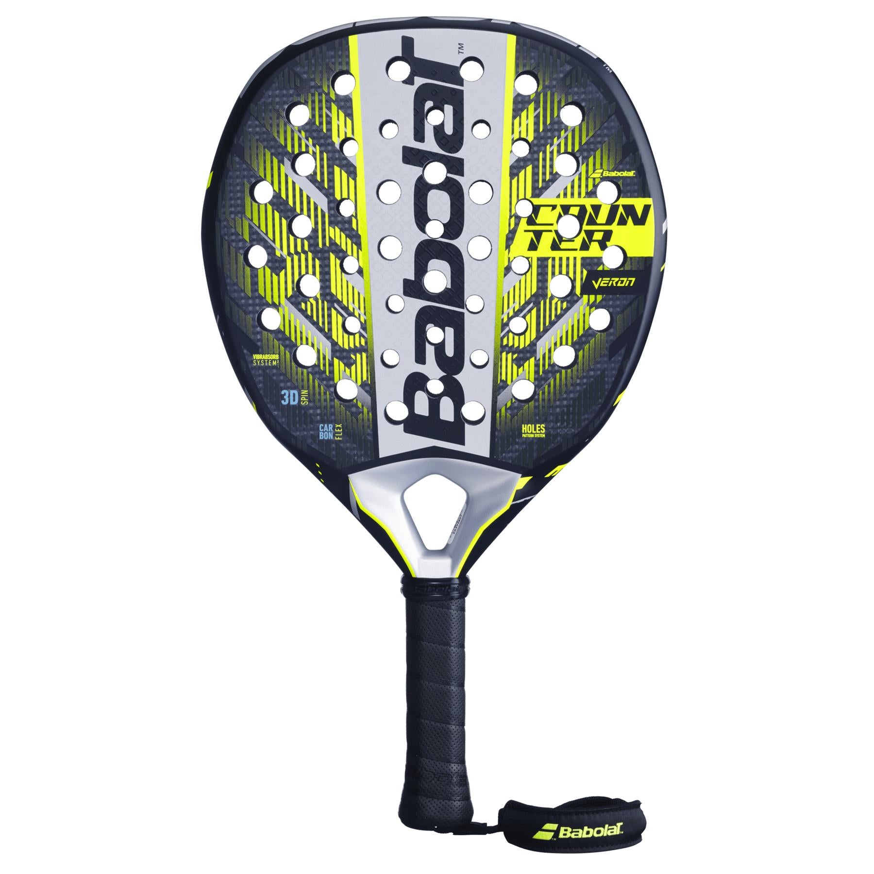 The Babolat Counter Veron 2.5 Padel Racket in black and yellow offers a dynamic power design with multiple face holes, "Babolat" branding, a black grip with branded wrist strap, and is crafted using Carbon Flex technology for enhanced performance.