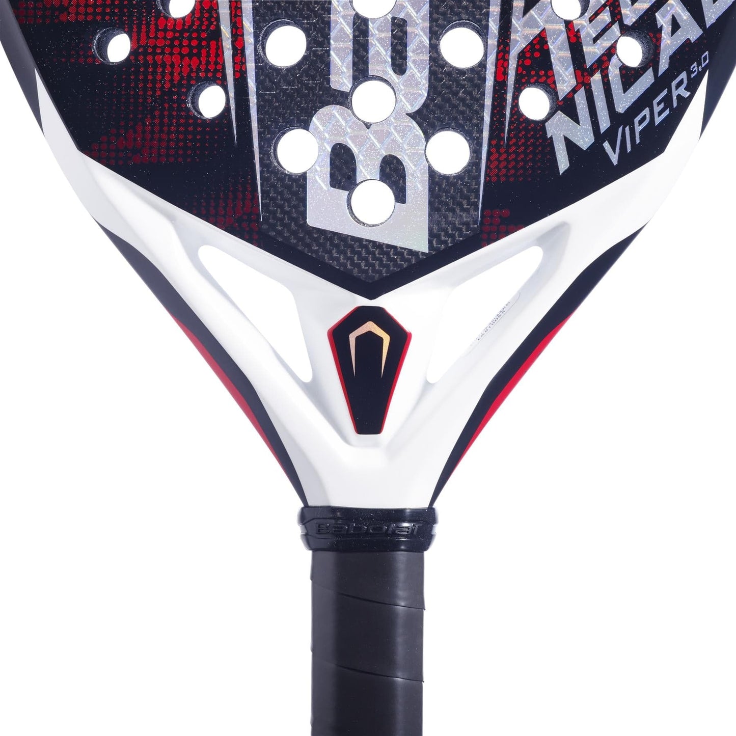 Close-up of the upper handle and lower face of the Babolat Technical Viper 3.0 Padel Racket by Babolat, in black, red, and white with "VIPER" text, geometric logo, and black grip tape for enhanced control.