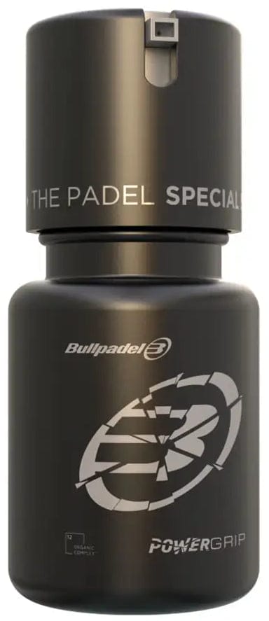 The Bullpadel Power Grip Gel Bottle - Black is a desiccant gel by Bullpadel, designed to improve racket grip and control. It features a sleek, cylindrical black bottle with the logo and text, plus a secure cap.
