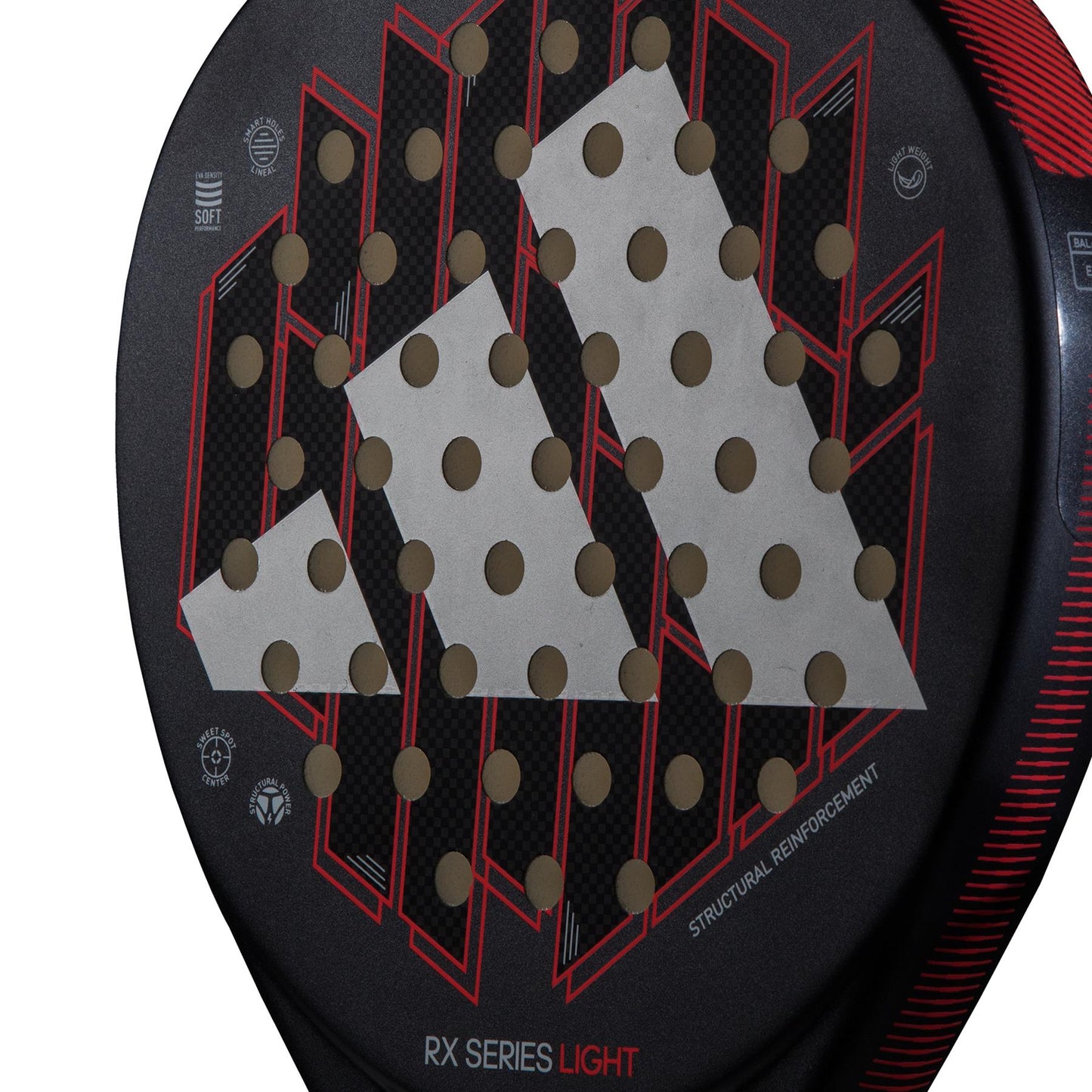 A close-up view of the ADIDAS RX Series Light Padel Racket - Black showcases its fiberglass construction with a prominent logo, diagonal lines, and circular perforations. The phrase "STRUCTURAL REINFORCEMENT" is featured on the racket's surface, emphasizing its durability.