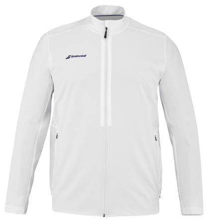 The Babolat Play Men's Padel Jacket in white is designed with a high collar and crafted from recycled polyester. It features the Babolat logo on the left chest and includes zippered pockets on both sides. Its Fiber Dry design offers a minimalist and sporty look, making it perfect for both casual and athletic wear.