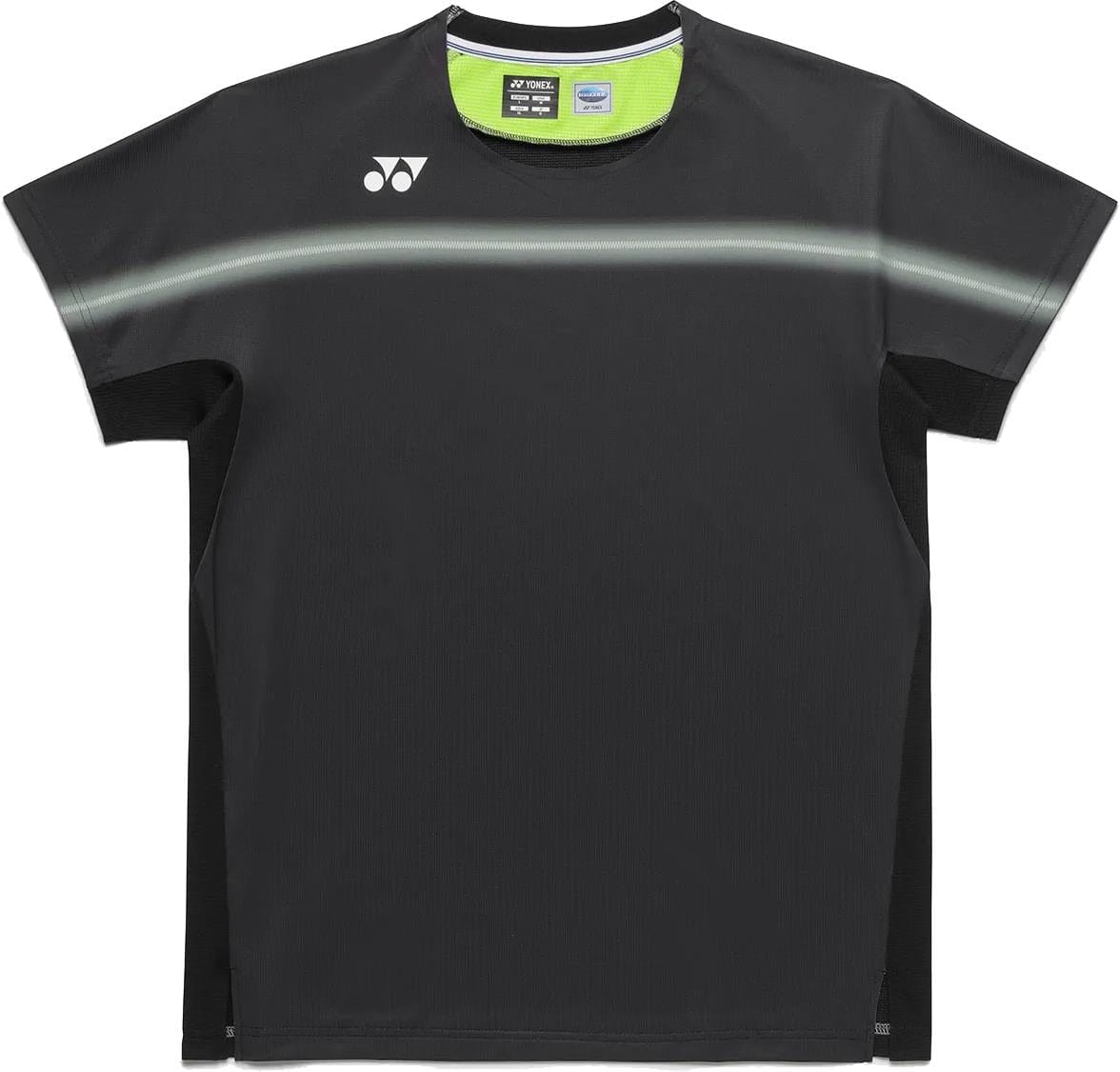 The Yonex 10711YX Crew Neck Men's Padel T-Shirt in black features a subtle light gray chest stripe, short sleeves, performance fabric for comfort, and the Yonex logo on the left shoulder.