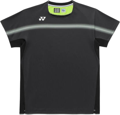 The Yonex 10711YX Crew Neck Men's Padel T-Shirt in black features a subtle light gray chest stripe, short sleeves, performance fabric for comfort, and the Yonex logo on the left shoulder.