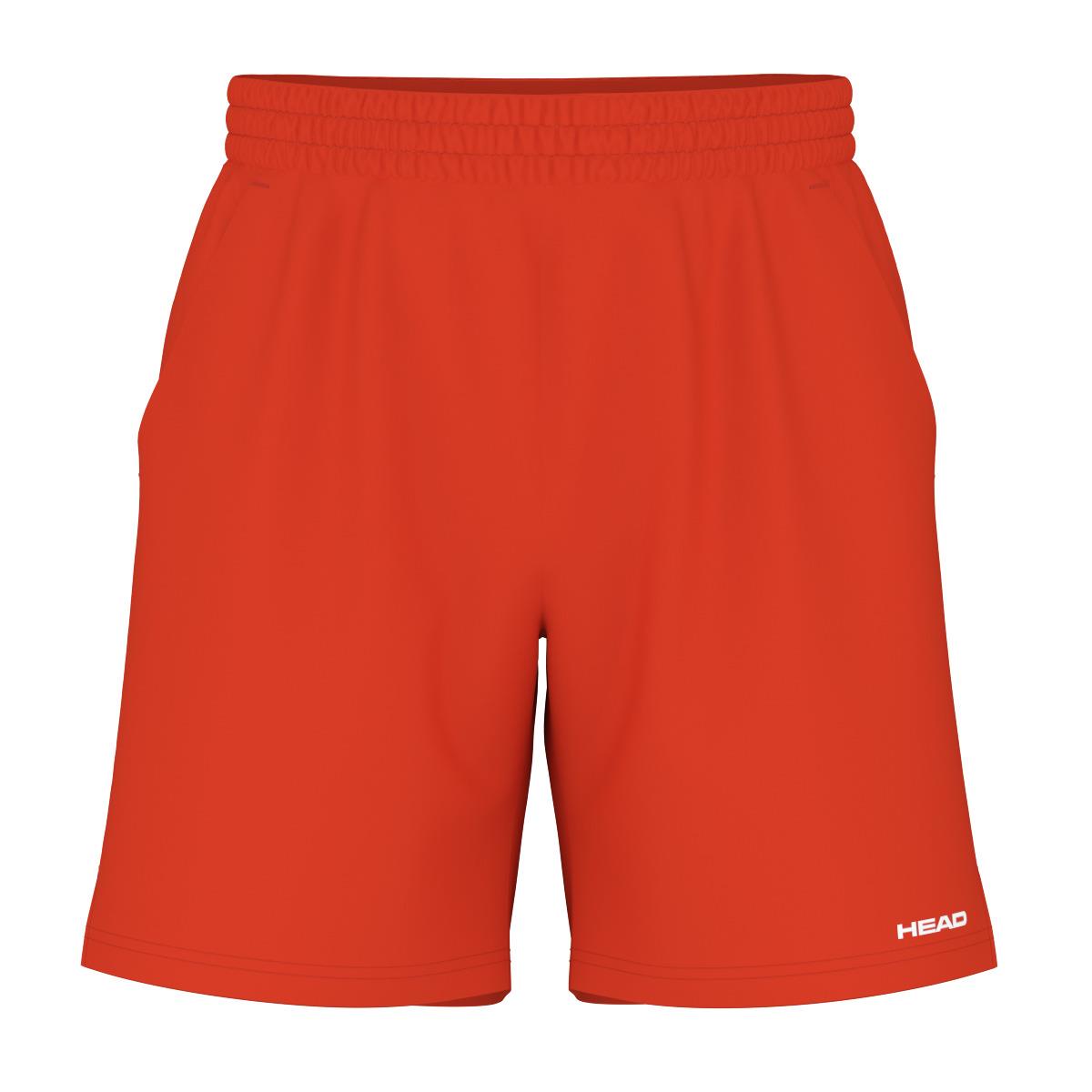 Orange Alert athletic shorts with an elastic waistband, featuring "HEAD" in white text on the bottom right corner. The HEAD Vision Power Men's Padel Shorts offer a 4-way stretch and Moisture Transfer Microfiber, presenting a simple yet sporty design.