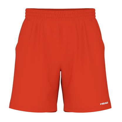 Orange Alert athletic shorts with an elastic waistband, featuring "HEAD" in white text on the bottom right corner. The HEAD Vision Power Men's Padel Shorts offer a 4-way stretch and Moisture Transfer Microfiber, presenting a simple yet sporty design.