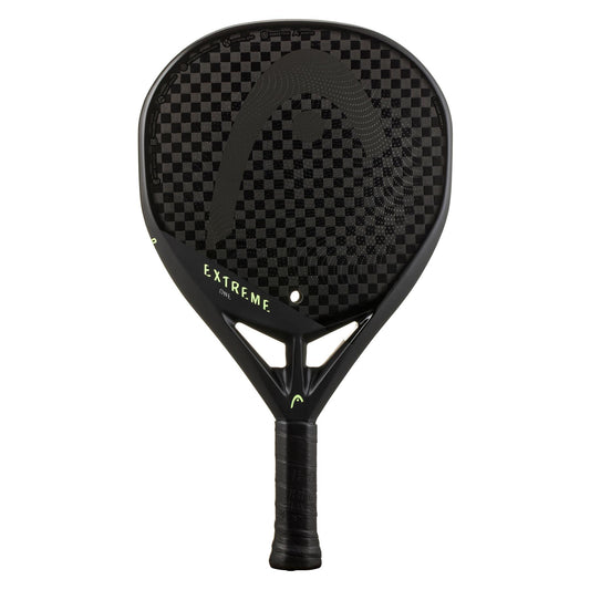 Introducing the HEAD Extreme One 2023 Padel Racket in black, this racket boasts a striking checkered pattern on the face and is crafted with 12K carbon for enhanced performance. The word "Extreme" is prominently displayed in green on the neck, while its handle is wrapped with black grip tape for a sleek, durable design ideal for dedicated players.