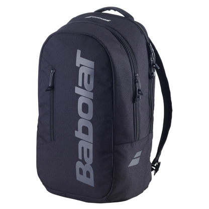 The Babolat Court Lite Padel Backpack - Black by Babolat features gray zippers, bold vertical "Babolat" branding, multiple zippered compartments including a racket compartment, and adjustable shoulder straps.