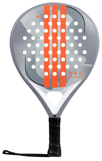 The ADIDAS Drive Grey 3.4 Padel Racket by adidas is perfect for beginners, featuring a comfortable gray design with a black handle and wrist strap, white circular holes, and a sleek face with three vertical orange stripes on a plain white background.