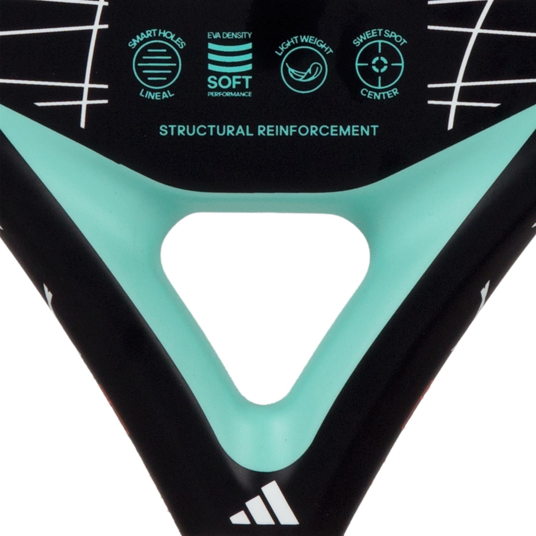 Close-up of the adidas ADIDAS Drive Light 3.3 Padel Racket - Black / Blue, highlighting its beginner-friendly features. The image showcases "Structural Reinforcement" with icons accentuating smart holes, optimal EVA density, a lightweight design for enhanced control and power, a centered sweet spot, and a distinctive triangular cutout design on this lightweight padel racket.