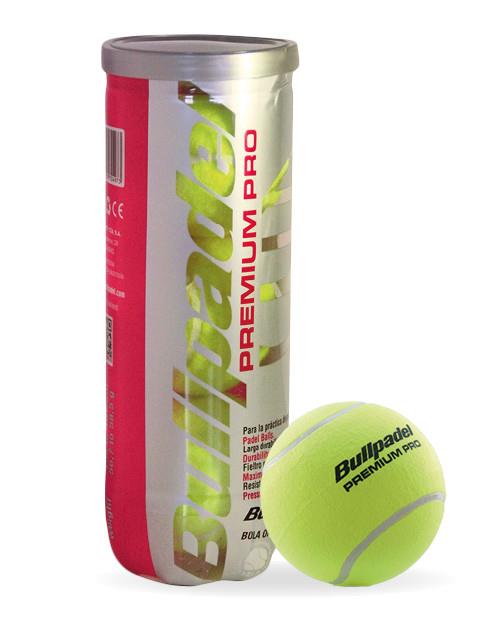 A tube of Bullpadel Premium Pro Padel Balls - 3 Ball Tube, recognized for its exceptional durability and premium synthetic felt, is featured in bold red and silver packaging with a Bullpadel ball displayed prominently in the front.