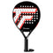 The Tecnifibre Wall Master ONE Padel Racket is ideal for beginners, featuring a black surface with red and white geometric designs and circular holes. Designed for enhanced performance, it has a black handle with a wrist strap for secure play.