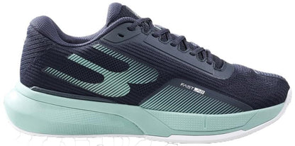The Bullpadel Neuron 26V Men's Padel Shoes in navy feature light blue accents, a large "B" logo, and "FASTLAB" near the laces. The breathable mesh upper and light blue sole deliver comfort for advanced players.