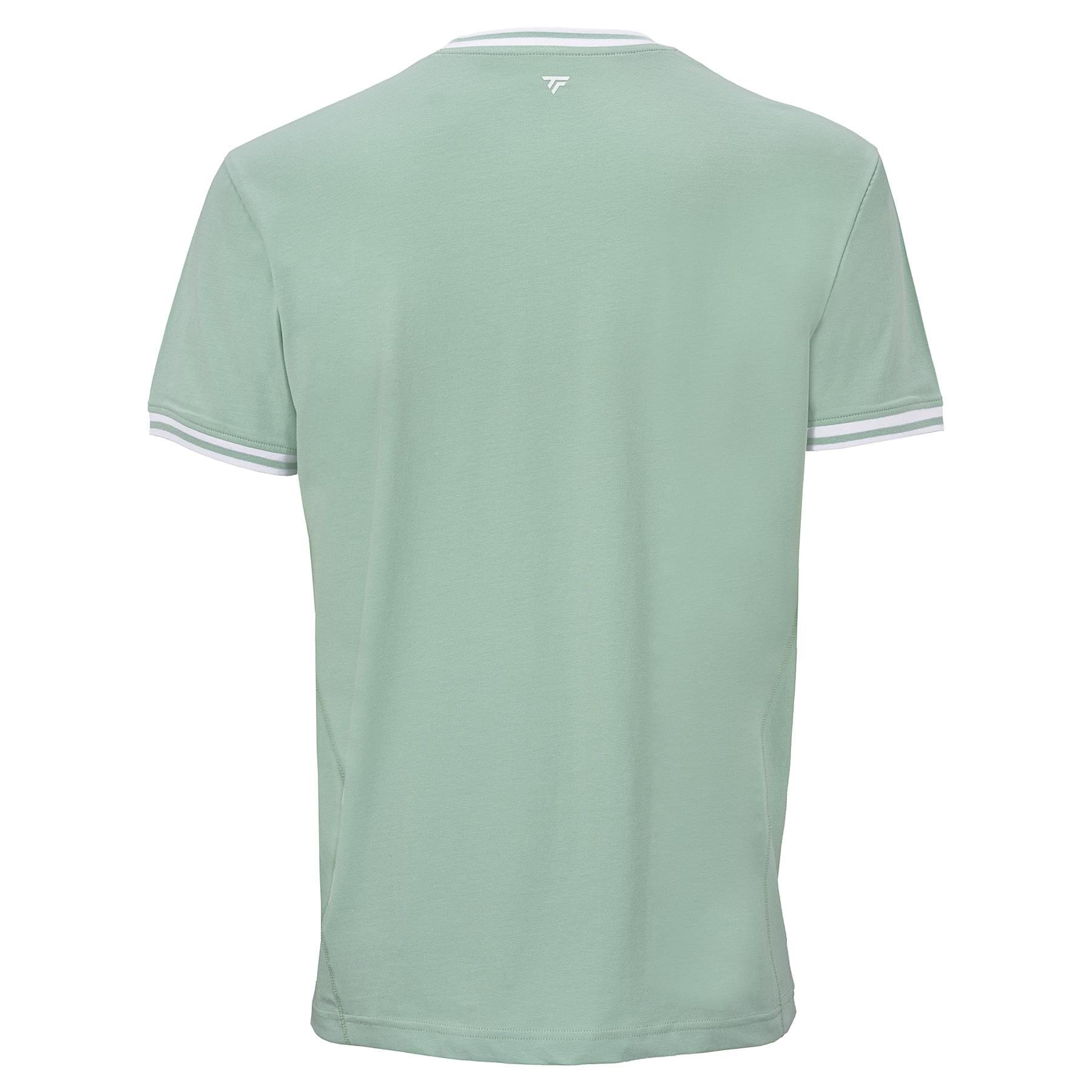 The Tecnifibre Team Stretch Mens Padel T-Shirt in sage green features white and gray striped sleeve trim, a small white logo below the back neckline, and is made from soft organic cotton for all-day comfort.