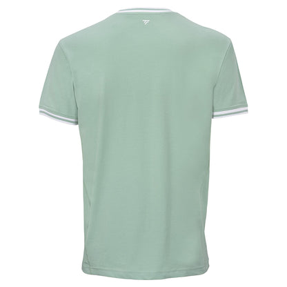 The Tecnifibre Team Stretch Mens Padel T-Shirt in sage green features white and gray striped sleeve trim, a small white logo below the back neckline, and is made from soft organic cotton for all-day comfort.