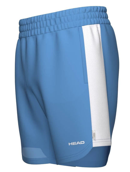 HEAD Power Mens Padel Shorts in Airforce Blue/White feature a wide white side panel, elastic waistband, and HEAD logo on the left leg. Made from moisture-wicking fabric to keep you cool and dry during matches.