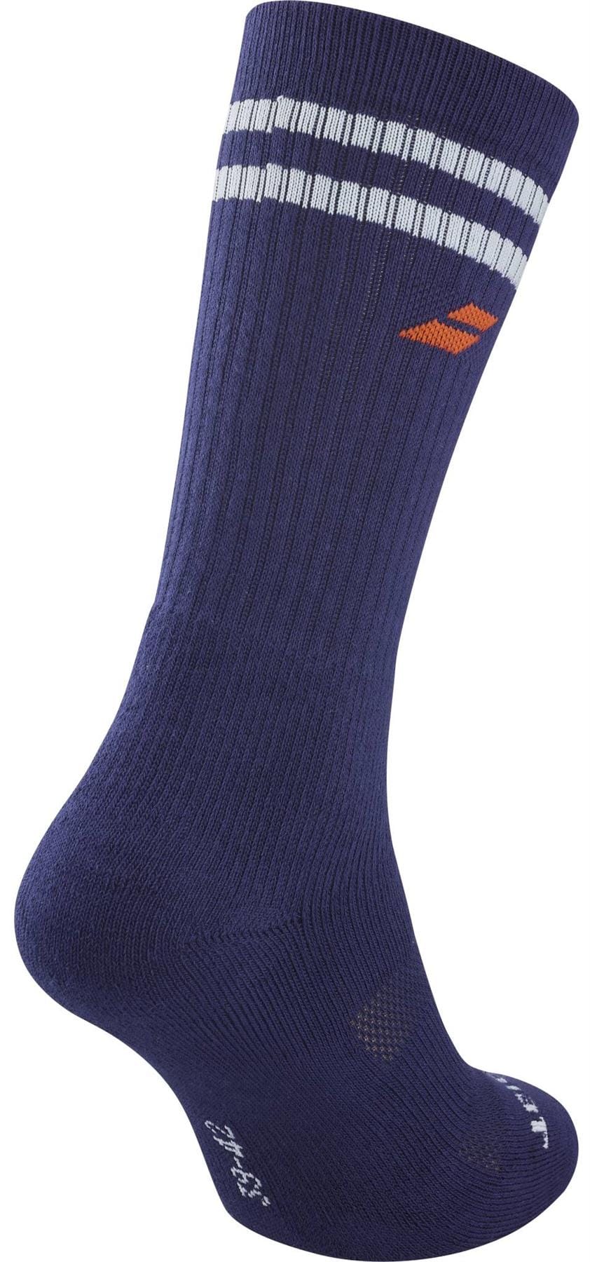 The Babolat Team Single Padel Sock in Illusion Blue features two white stripes near the top and a small orange logo, with ribbed fabric for comfort and support. Displayed on an invisible foot model, it's perfect for active days.