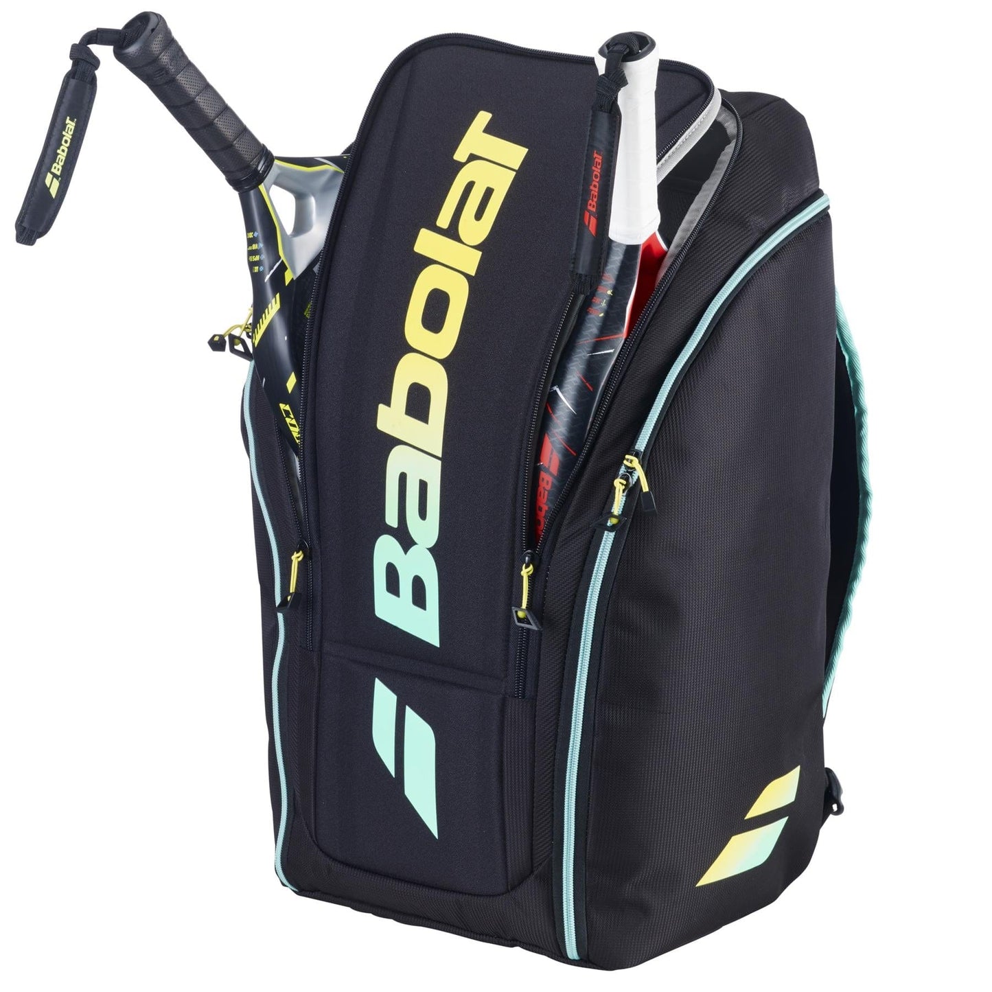 The Babolat RH Perf Padel 2nd Gen Backpack (Black/Multi) is unzipped to reveal two racquets inside. Featuring yellow Babolat branding, light blue accents, and multiple zippered compartments, it’s perfect as an isothermal padel bag.