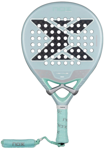 The NOX Luxury Ventus 12K Hybrid Lite 2026 Padel Racket in light blue features a perforated face, black "X" design, light green accents, wrapped handle with wrist strap, durable 12K carbon fibre construction, and "NOX" branding.