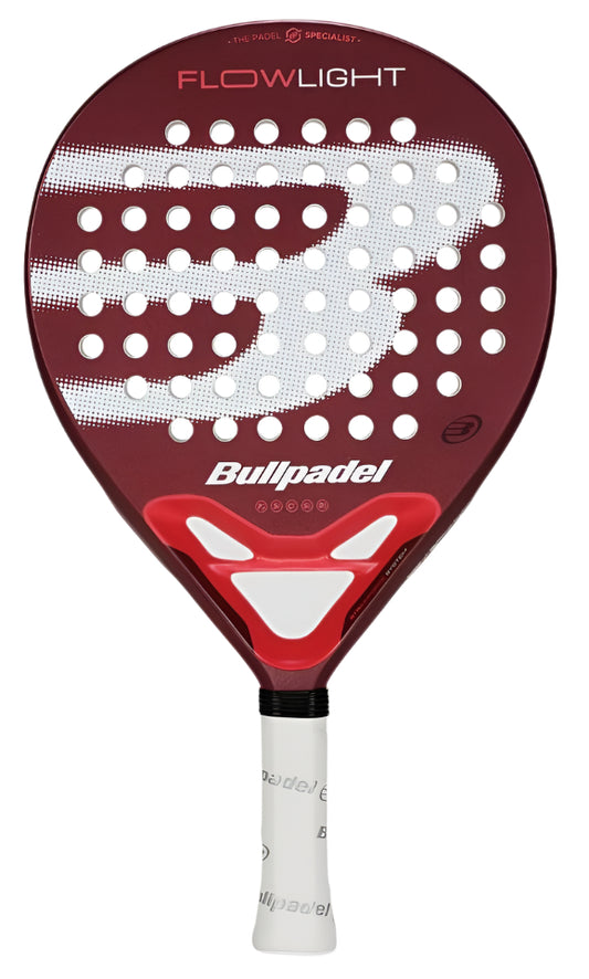 The Bullpadel Flow Light 2025 Padel Racket - Red offers superb control and power with its maroon face, white dot patterns, and large "B" logo. This lightweight racket has a white handle with "Bullpadel" text and striking red-black accents.