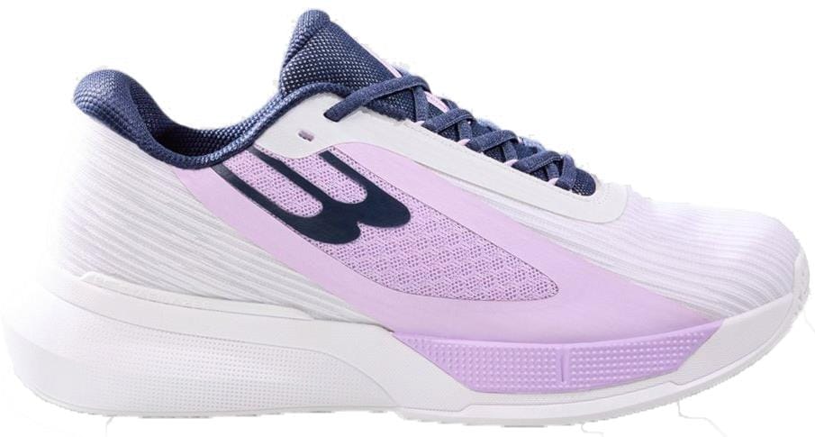 The Bullpadel Wonder Women's Padel Shoes in white feature navy blue laces, a dark blue side logo, and a textured sole. These lightweight sneakers from Bullpadel offer high performance with modern style.
