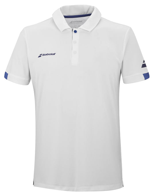 The Babolat Play Men's Padel Polo Shirt in white is a stylish polo featuring a collar and buttons, along with two small logos on the chest and sleeve. Made from Fiber Dry-polyester, it offers both comfort and style while using recycled polyester for an eco-friendly element.