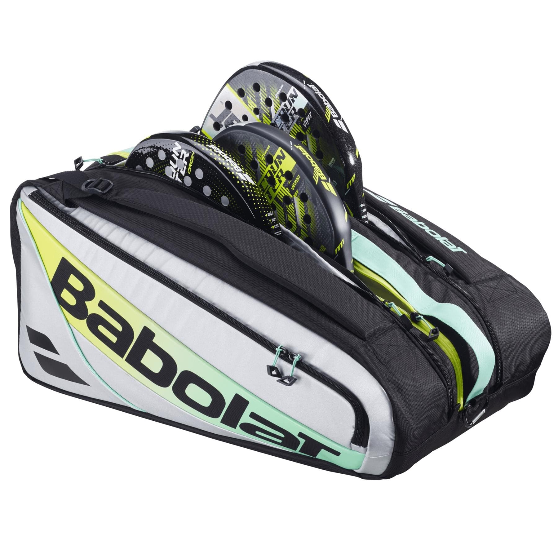 The Babolat RH Pro 4 Racket Padel Bag (Black/Multi) has three compartments, including an insulated one, each fitting a padel racket with black, yellow, and green designs.