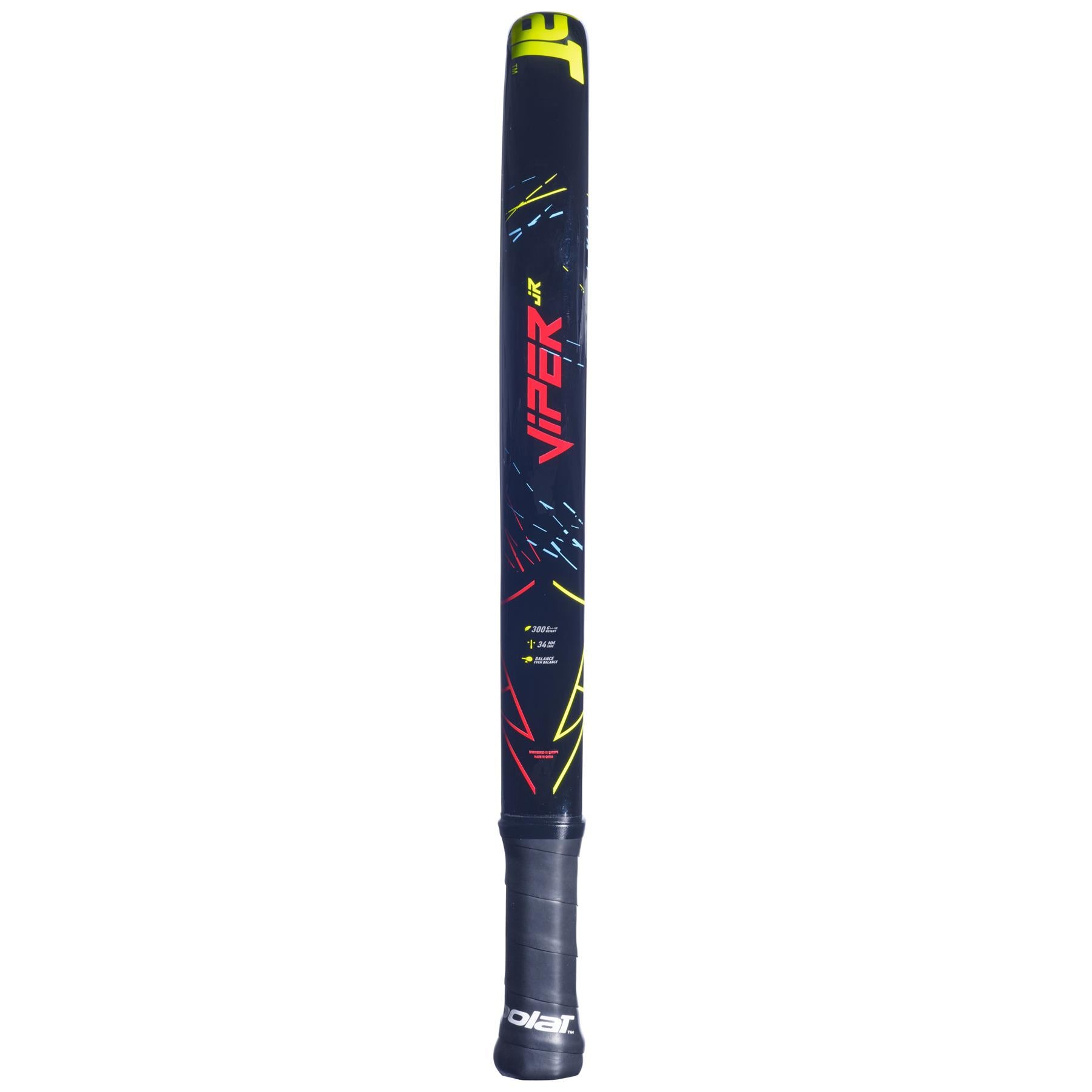 The Babolat Viper Junior Padel Racket - Black by Babolat boasts a bold black appearance with a neon green tip, embellished with vibrant graphic patterns in red, blue, and yellow. Perfect for young players, it features "VIPER" prominently displayed. The handle is covered with black grip tape to ensure maximum comfort.