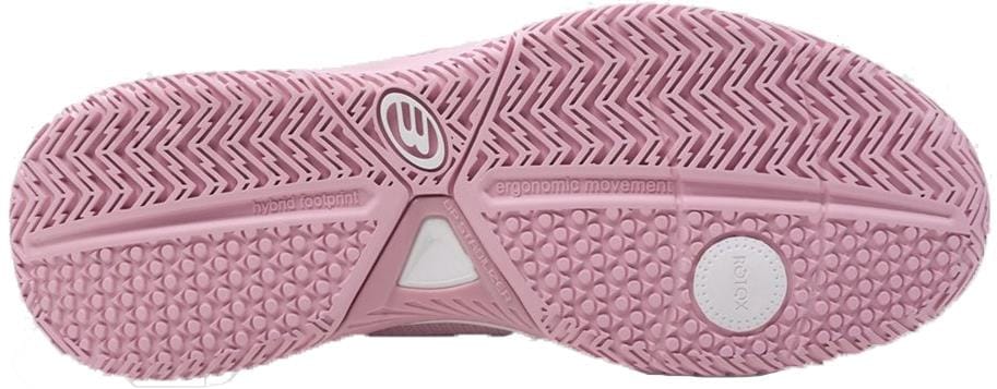 The image displays the pink rubber outsole of Bullpadel Performance Comfort 26V Women's Padel Shoes, featuring a textured tread with zigzag grooves, circular patterns, branding, and Support Arch technology for enhanced grip and flexibility.