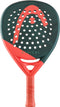 The HEAD Radical Motion 2026 Padel Racket by HEAD features a green and orange round head with circular holes, a large curved logo, orange grip tape, and "RADICAL" on the face. Lightweight and made for advanced players.